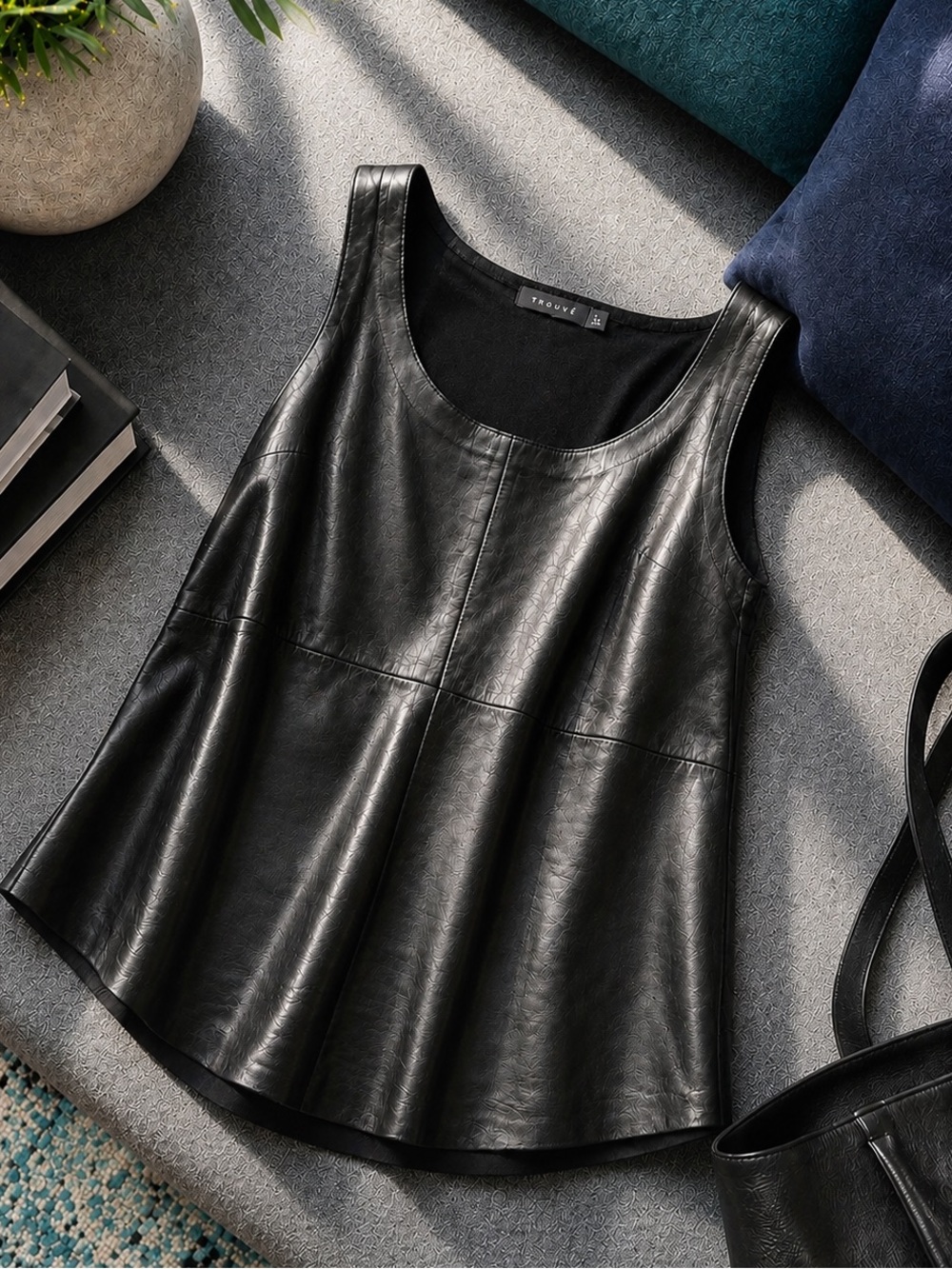 Trouvé Black Leather Front Tank Top Soft Knit Back Medium Soft Real Leather